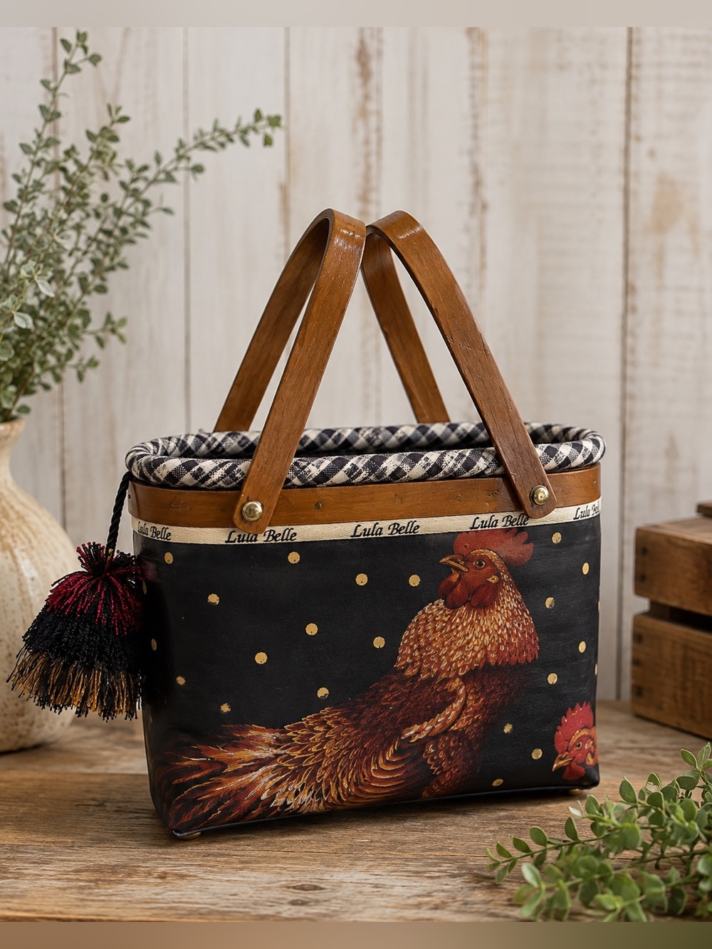 Lula Belle Rooster Chicken Basket Handbag Wood Handles Farmhouse Country Purse